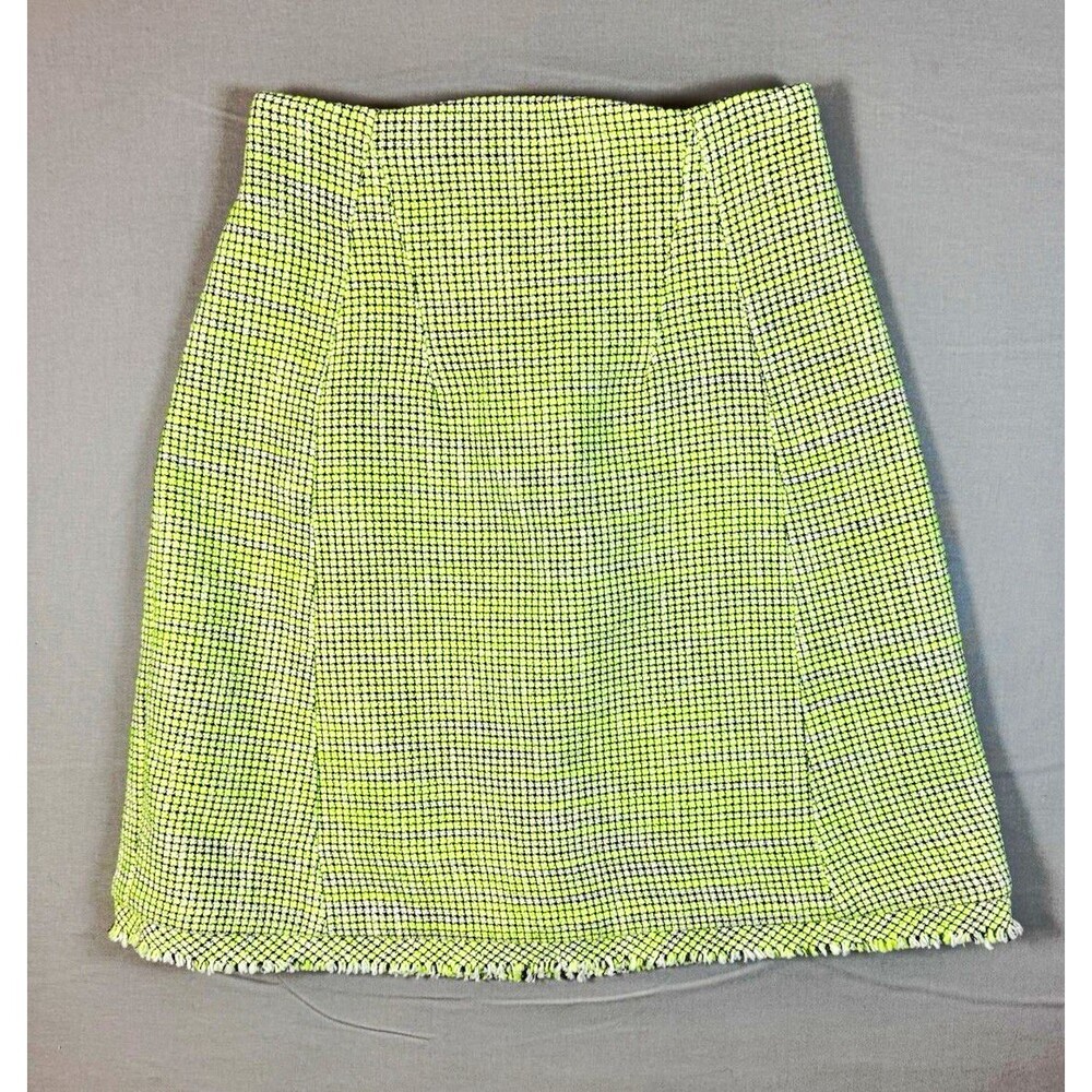 Veronika Maine Green Checked Tweed A-Line Fringe Hem Lined Skirt Size 6